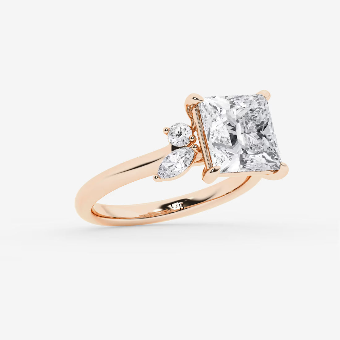 Princess Cut Lab Diamond Engagement Ring   Marquise & Pear Floral Cluster Side Stone