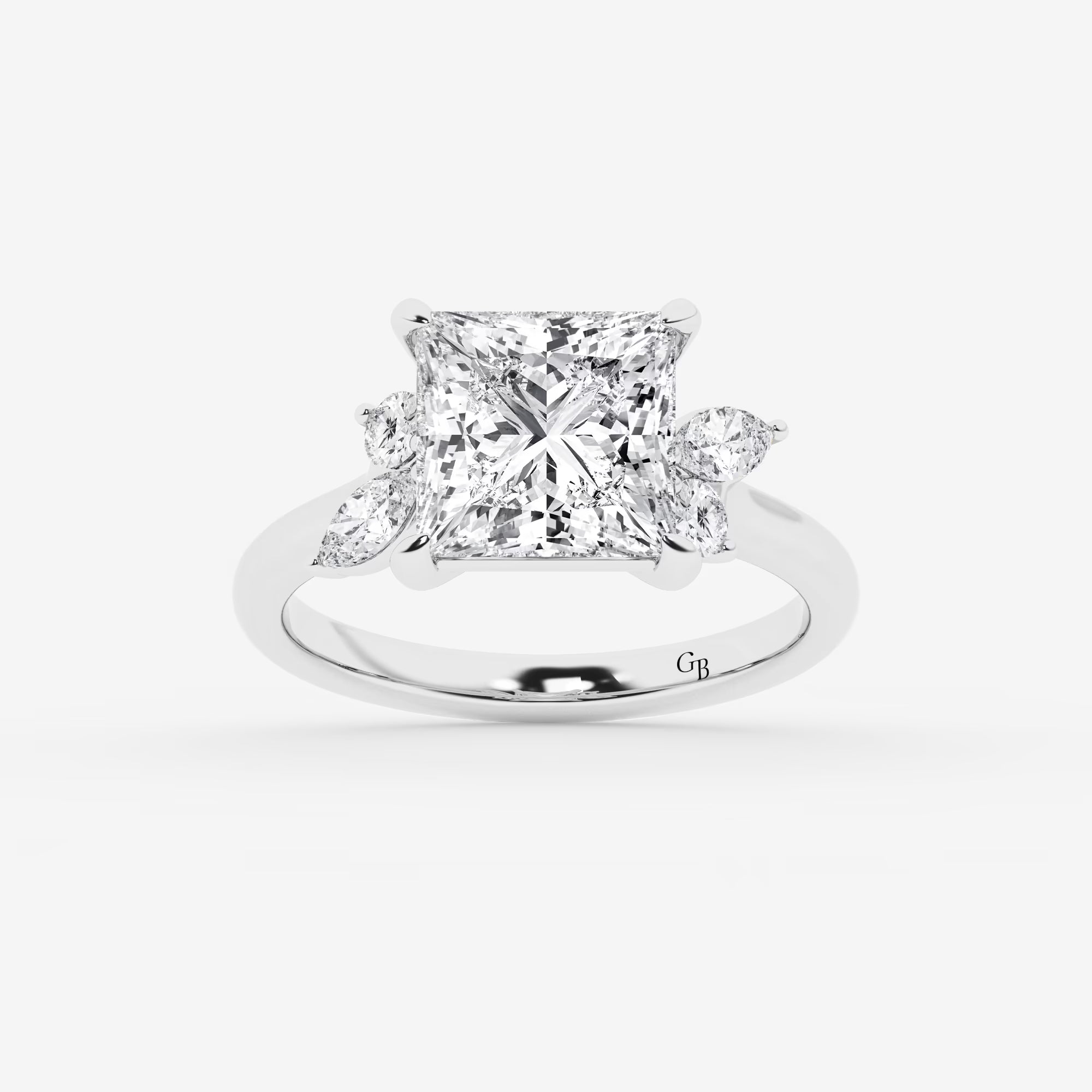 Princess Cut Lab Diamond Engagement Ring   Marquise & Pear Floral Cluster Side Stone