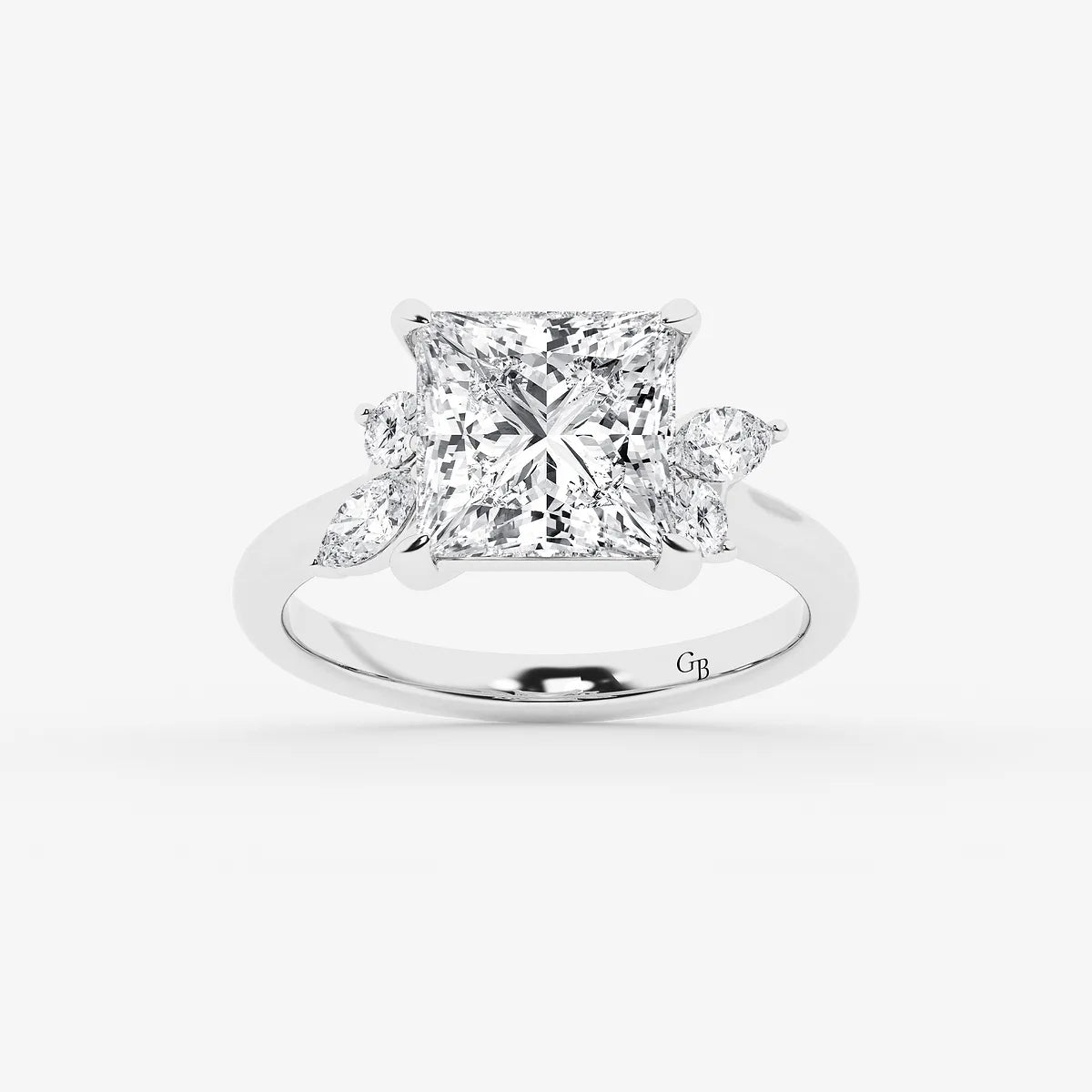 Princess Cut Lab Diamond Engagement Ring   Marquise & Pear Floral Cluster Side Stone