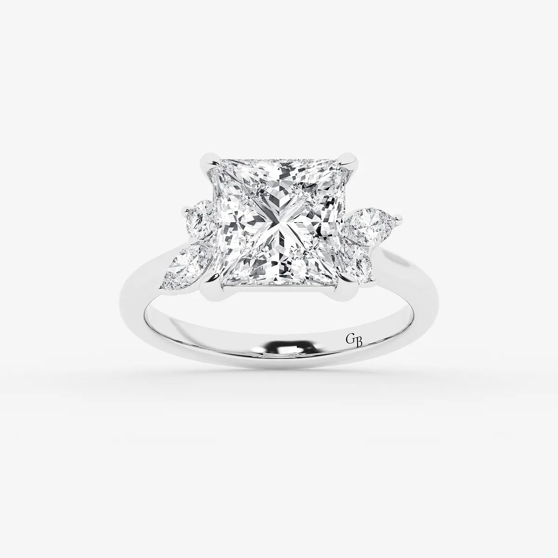 Princess Cut Lab Diamond Engagement Ring   Marquise & Pear Floral Cluster Side Stone