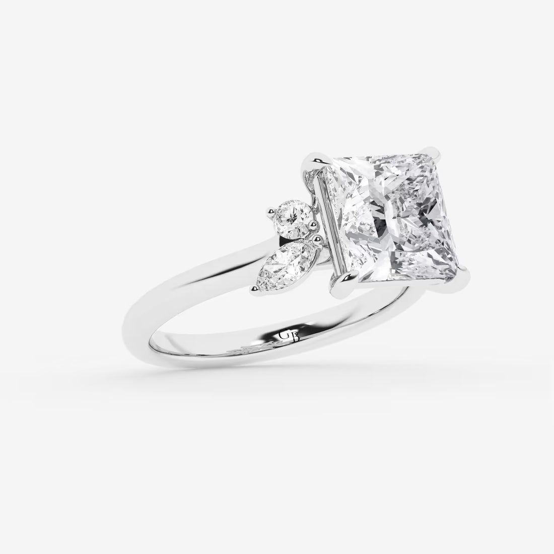 Princess Cut Lab Diamond Engagement Ring   Marquise & Pear Floral Cluster Side Stone