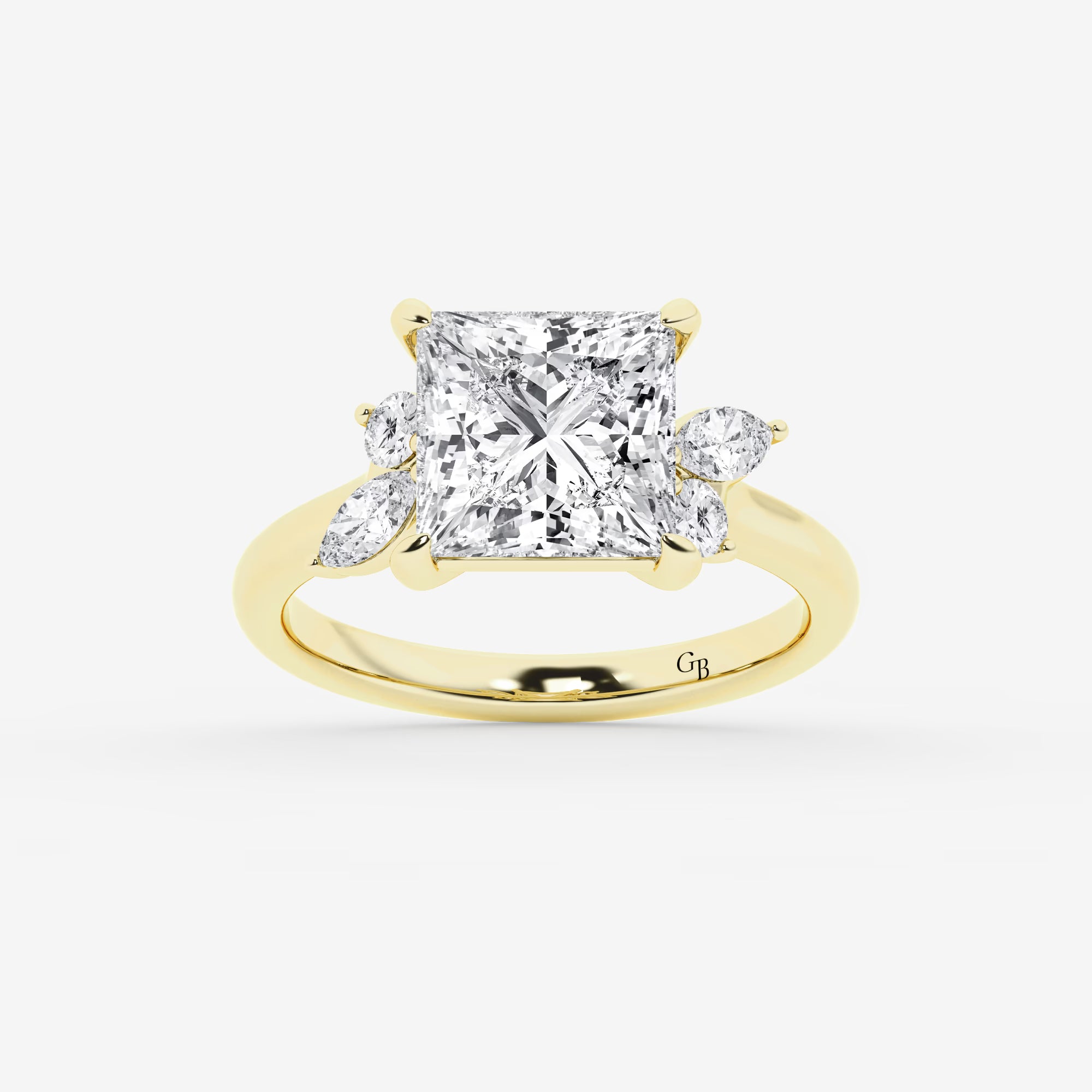 Princess Cut Lab Diamond Engagement Ring   Marquise & Pear Floral Cluster Side Stone