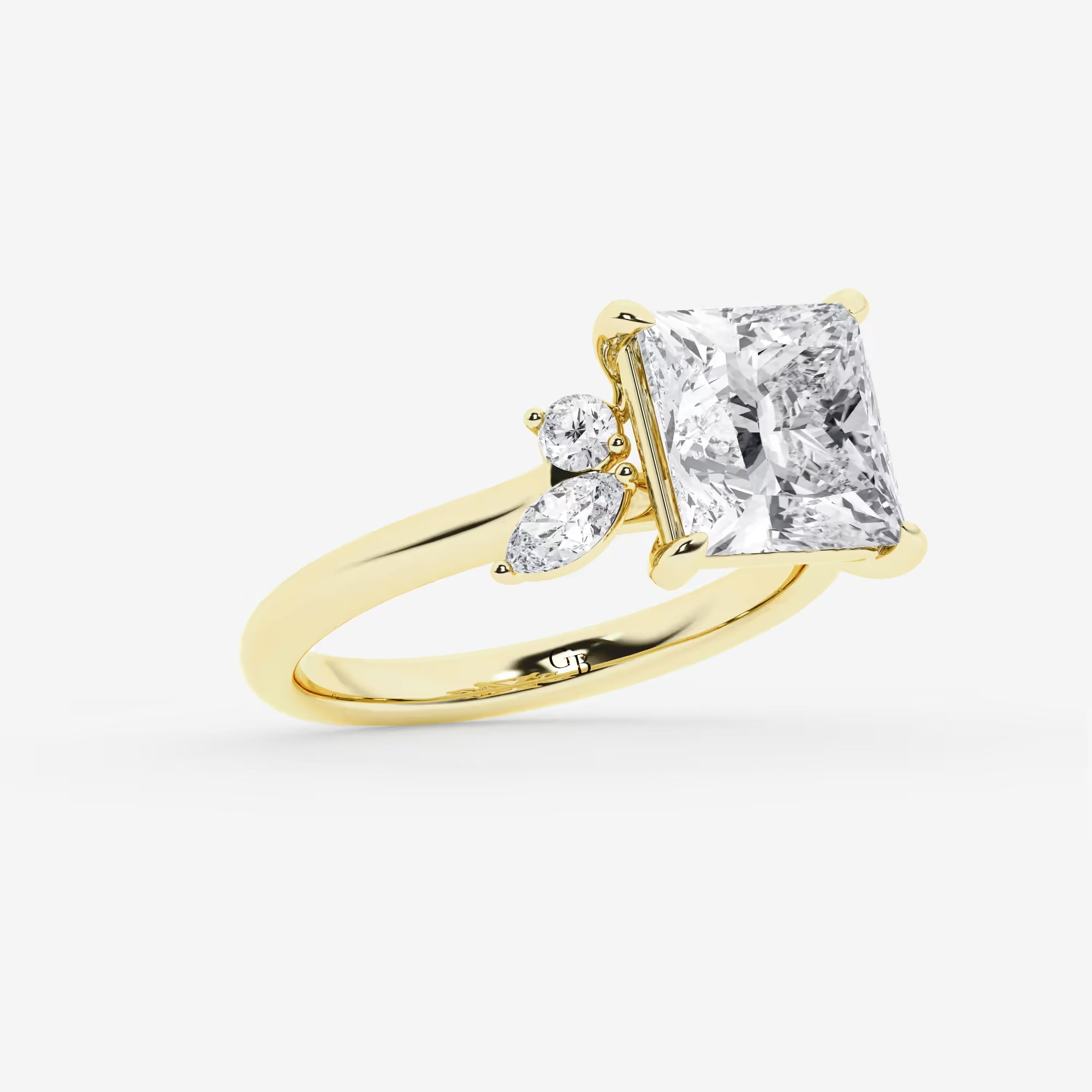 Princess Cut Lab Diamond Engagement Ring   Marquise & Pear Floral Cluster Side Stone