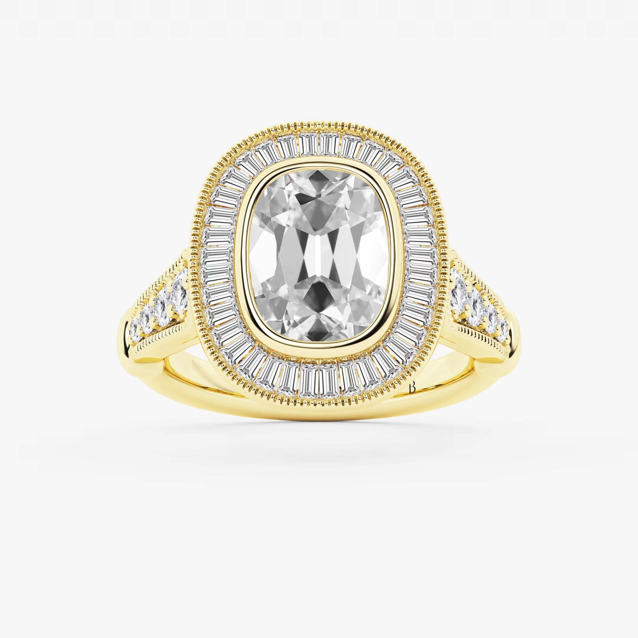 Round Cut Lab Grown Diamond Engagement Ring, Art Deco Bezel Set Baguette Halo Ring