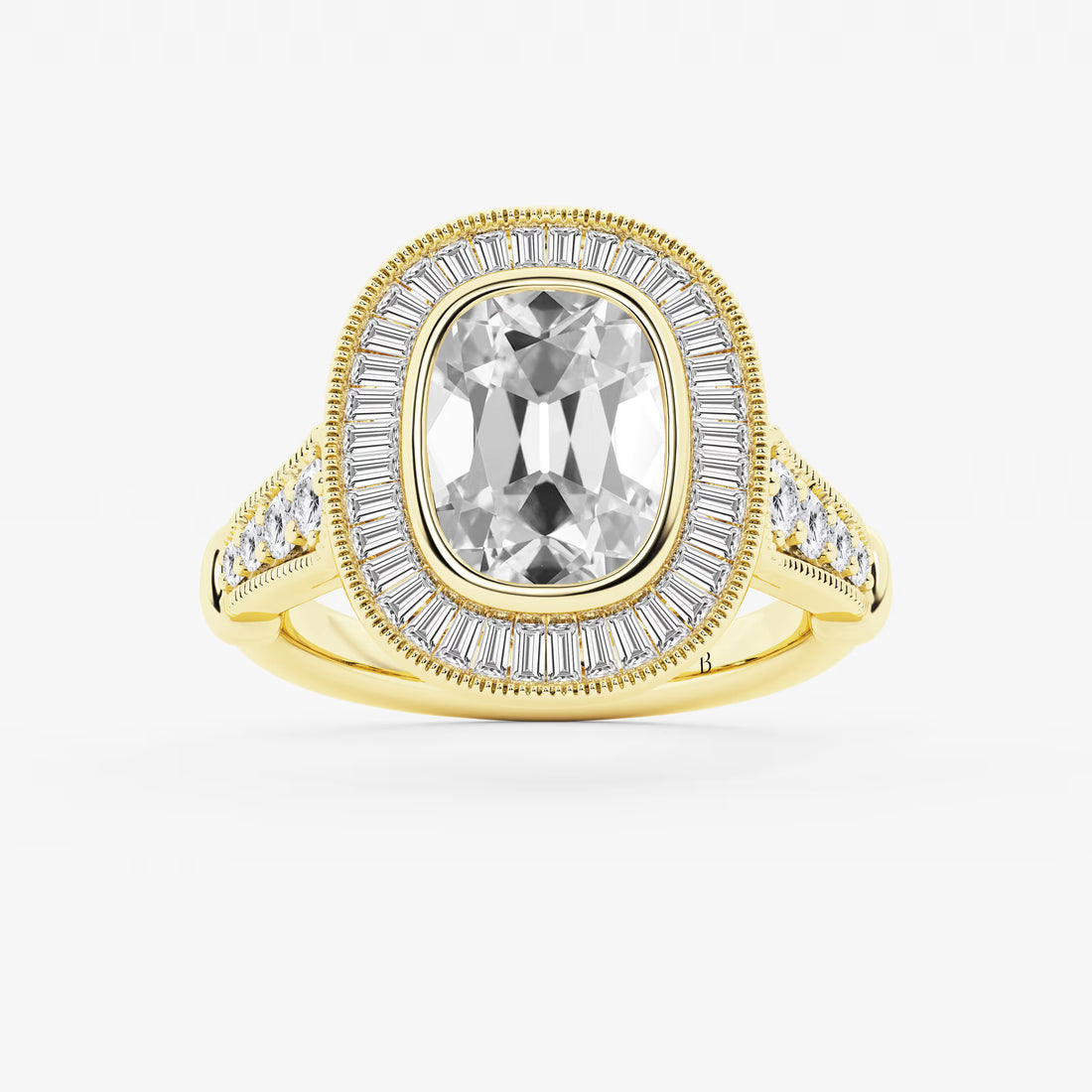 Round Cut Lab Grown Diamond Engagement Ring, Art Deco Bezel Set Baguette Halo Ring