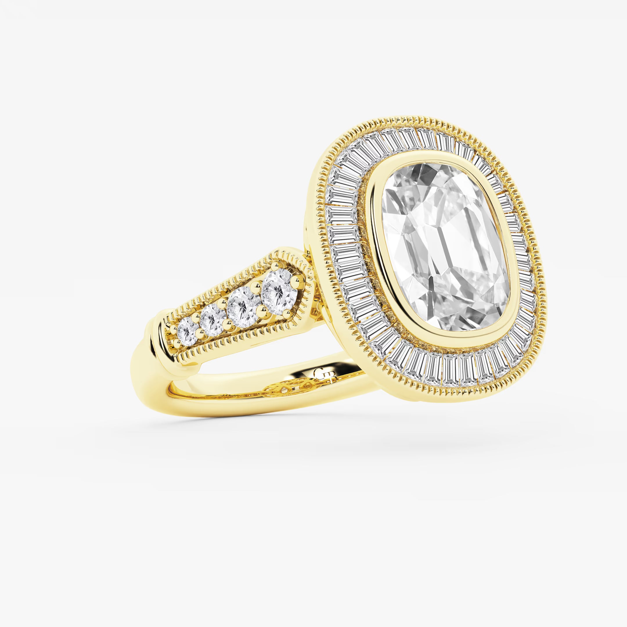 Round Cut Lab Grown Diamond Engagement Ring, Art Deco Bezel Set Baguette Halo Ring