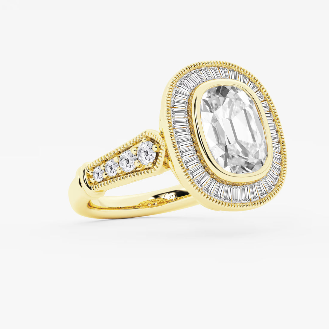 Round Cut Lab Grown Diamond Engagement Ring, Art Deco Bezel Set Baguette Halo Ring