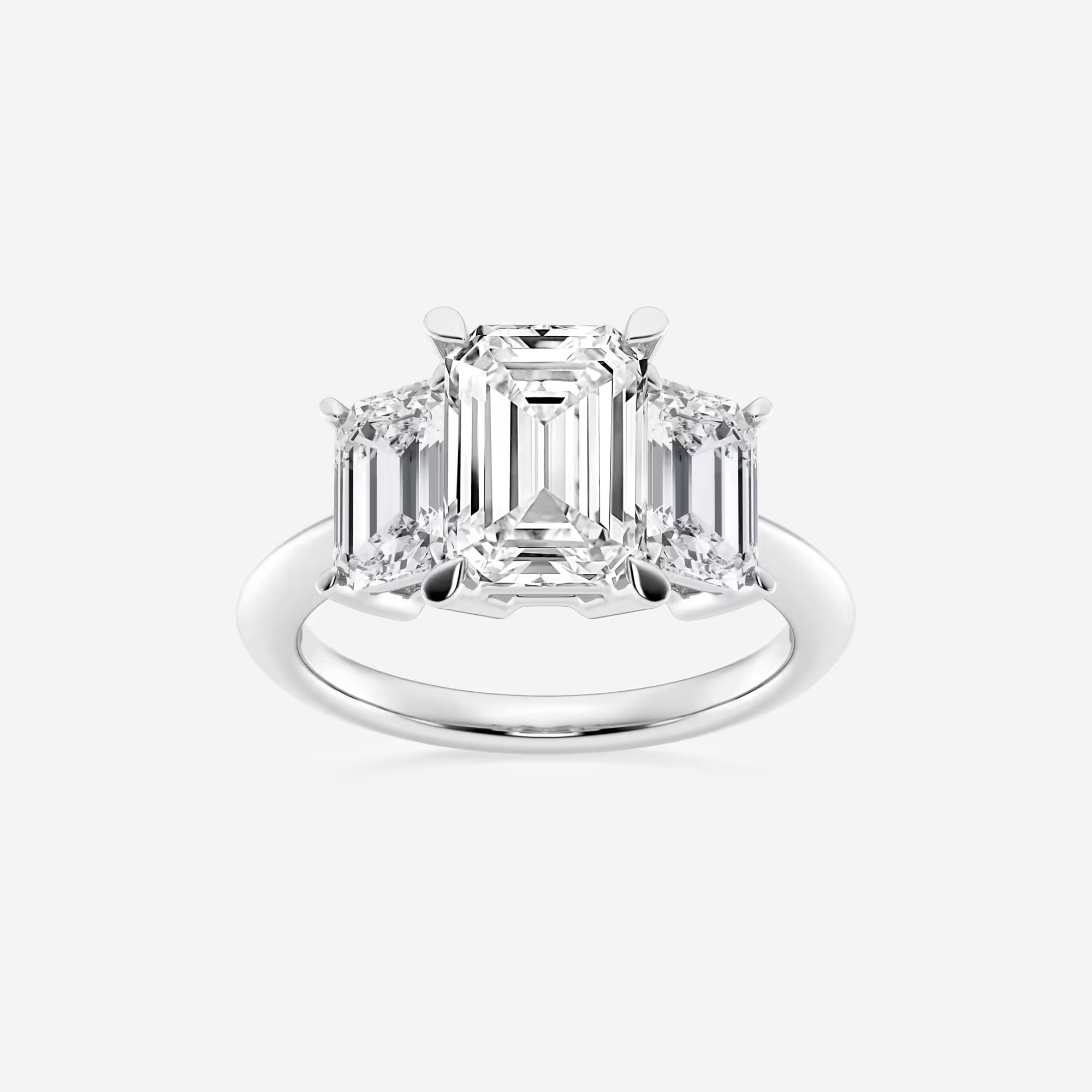 Emerald Cut Lab Diamond Three Stone Ring  Emerald Cut Side Stones & Plain Band