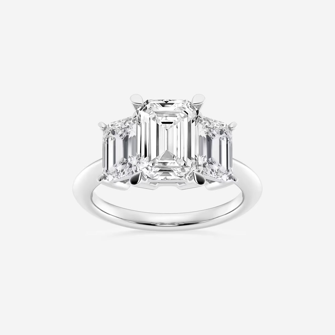 Emerald Cut Lab Diamond Three Stone Ring  Emerald Cut Side Stones & Plain Band