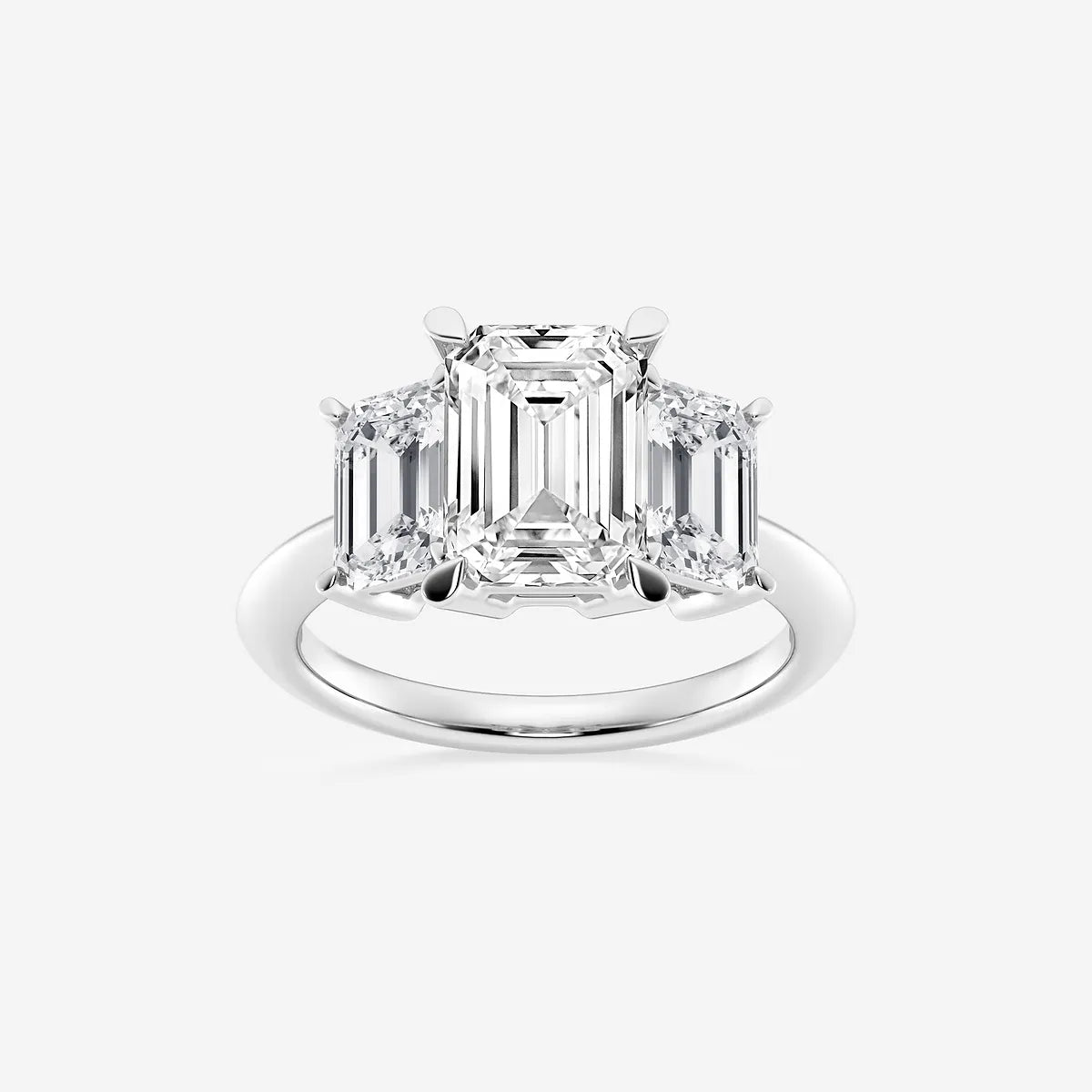 Emerald Cut Lab Diamond Three Stone Ring  Emerald Cut Side Stones & Plain Band