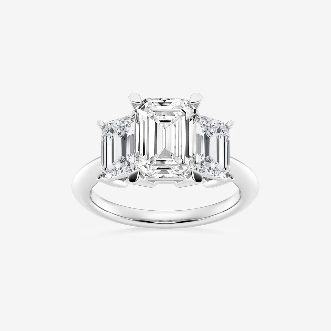 Emerald Cut Lab Diamond Three Stone Ring  Emerald Cut Side Stones & Plain Band