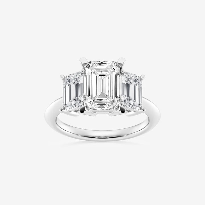 Emerald Cut Lab Diamond Three Stone Ring  Emerald Cut Side Stones & Plain Band
