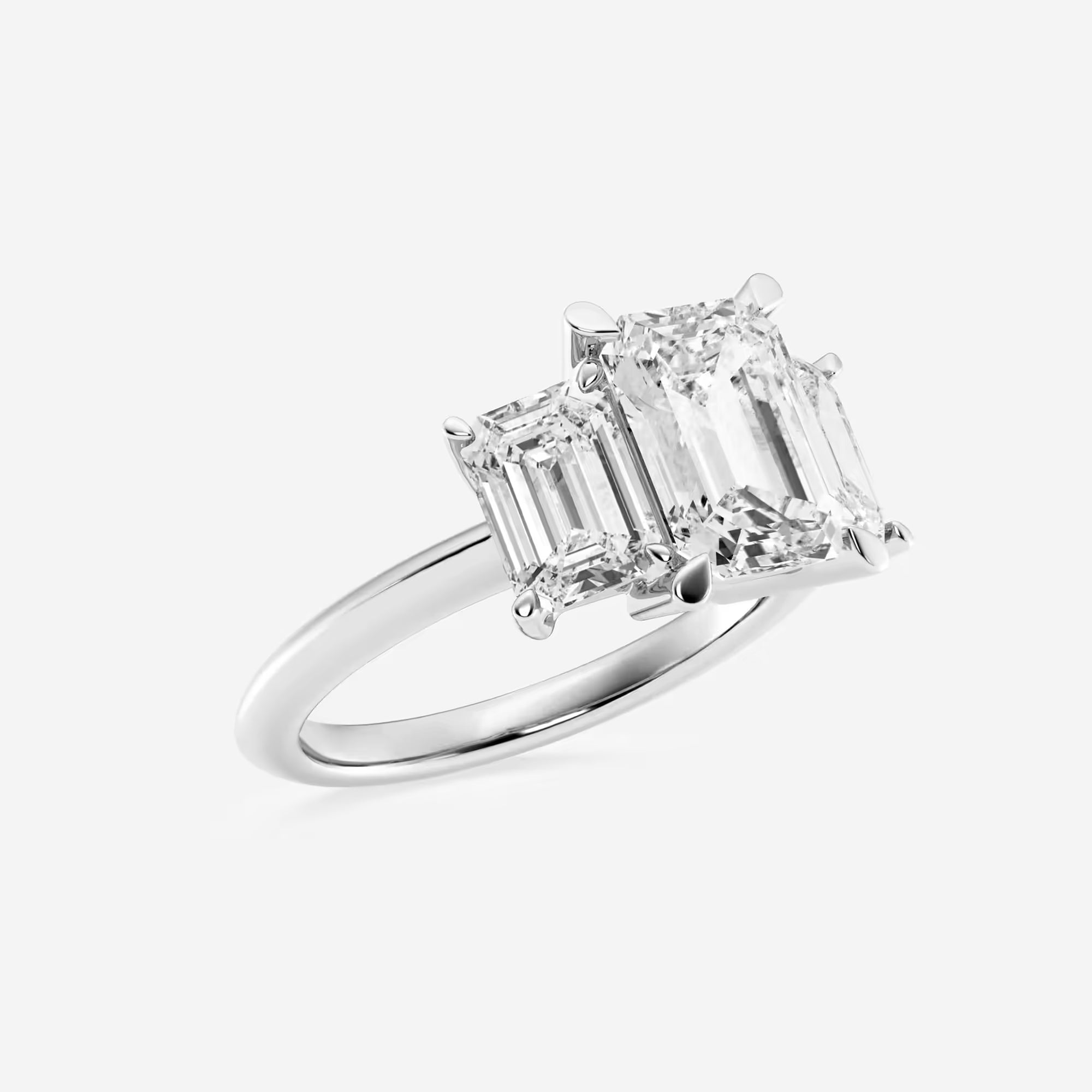 Emerald Cut Lab Diamond Three Stone Ring  Emerald Cut Side Stones & Plain Band