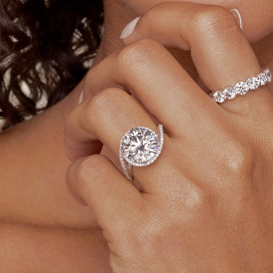 Round Cut Lab Grown Diamond Bypass Halo Engagement Ring