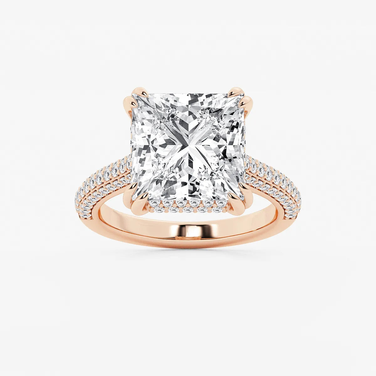 Princess Cut Lab Diamond Engagement Ring Triple Row Pavé Band & Hidden Halo