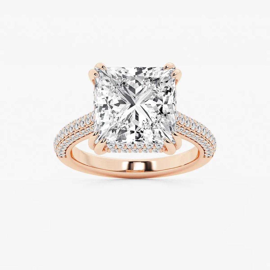 Princess Cut Lab Diamond Engagement Ring Triple Row Pavé Band & Hidden Halo