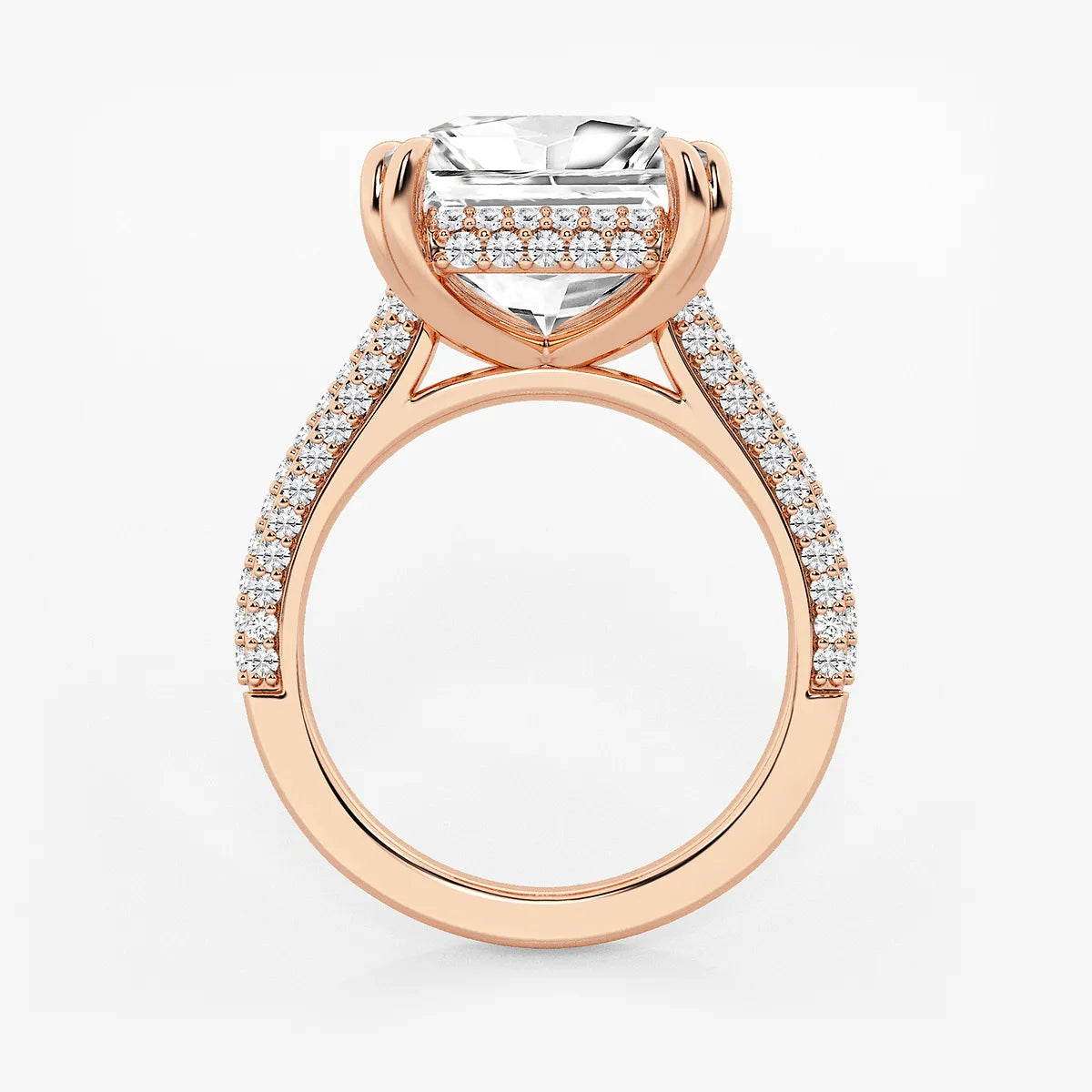Princess Cut Lab Diamond Engagement Ring Triple Row Pavé Band & Hidden Halo