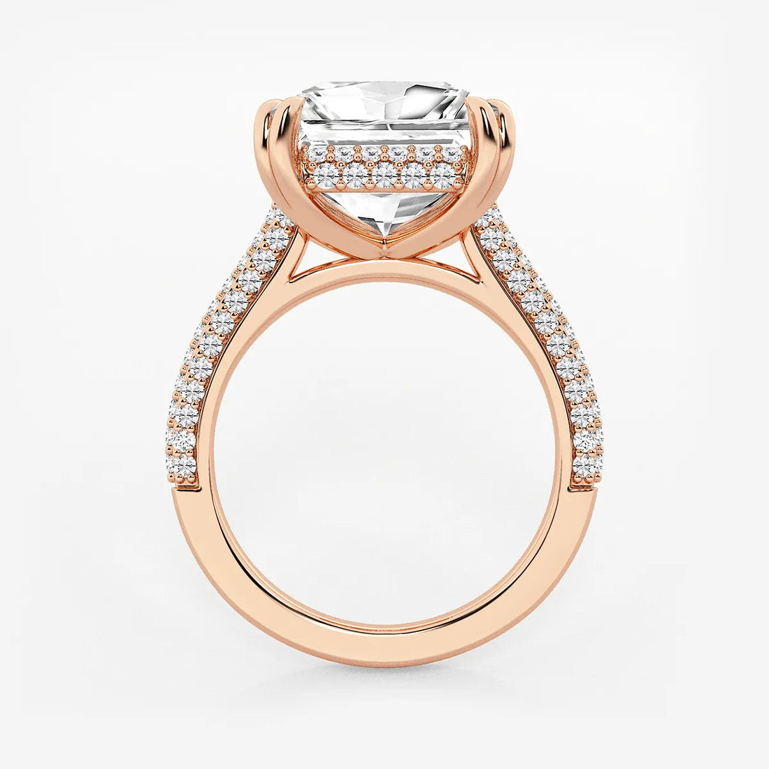 Princess Cut Lab Diamond Engagement Ring Triple Row Pavé Band & Hidden Halo