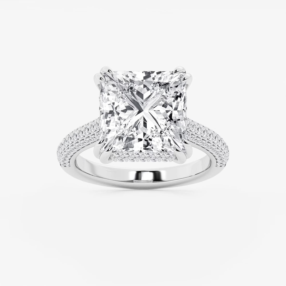 Princess Cut Lab Diamond Engagement Ring Triple Row Pavé Band & Hidden Halo