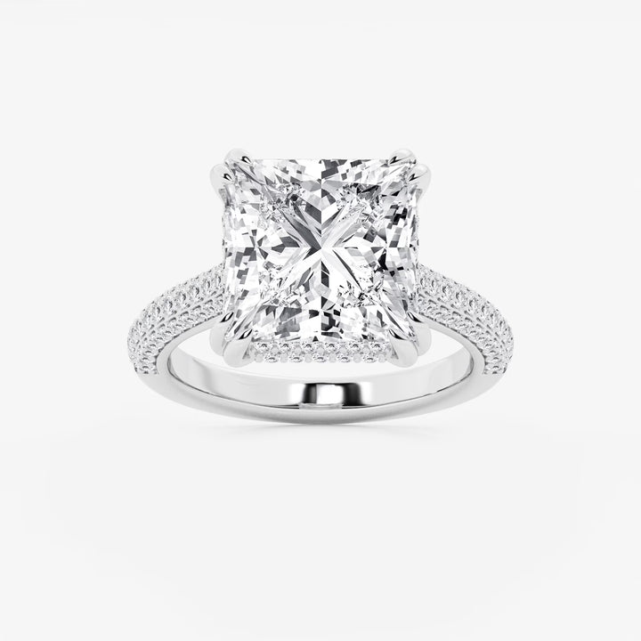 Princess Cut Lab Diamond Engagement Ring Triple Row Pavé Band & Hidden Halo