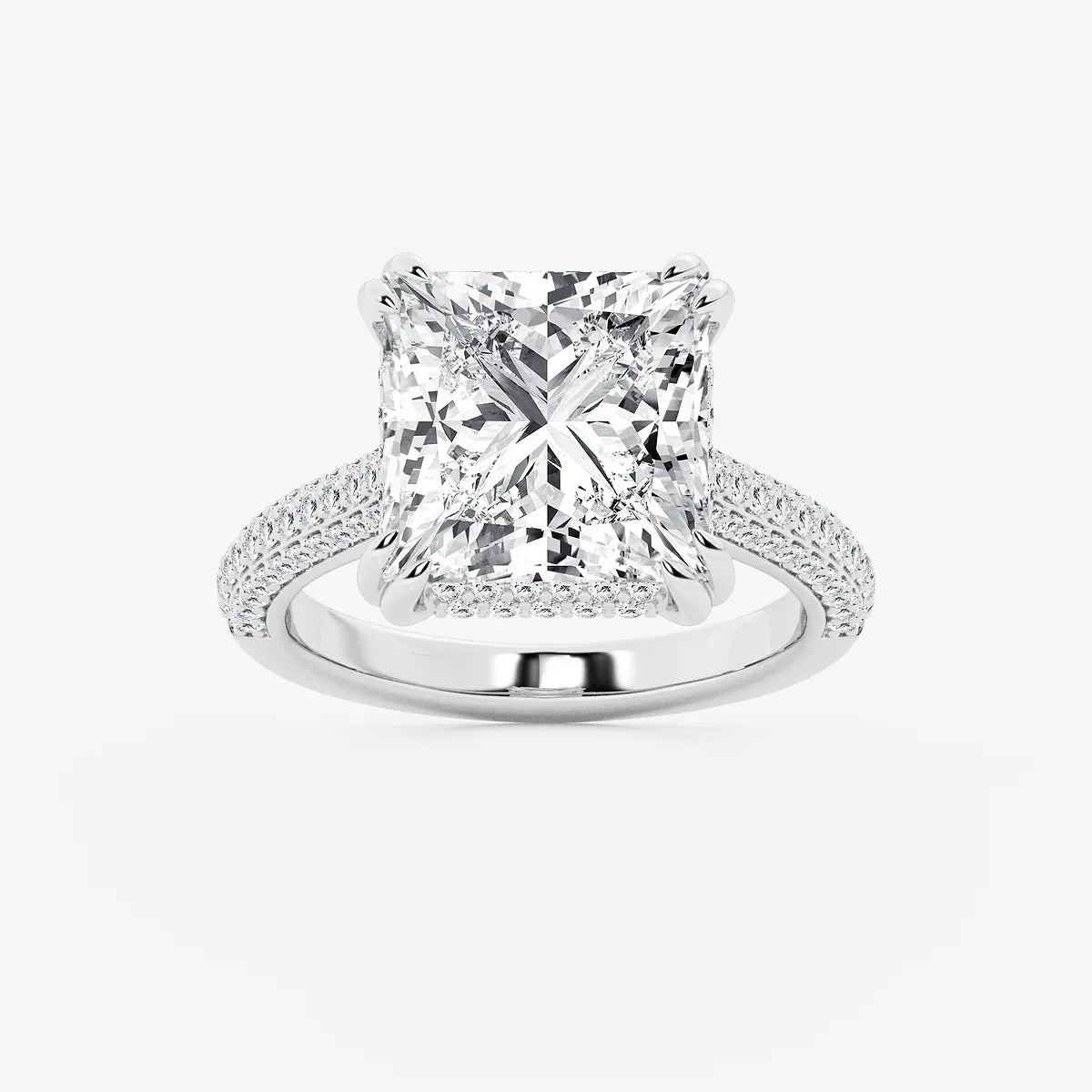 Princess Cut Lab Diamond Engagement Ring Triple Row Pavé Band & Hidden Halo