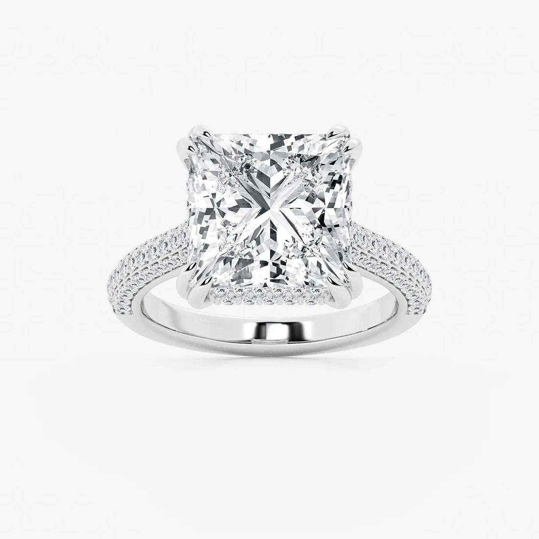 Princess Cut Lab Diamond Engagement Ring Triple Row Pavé Band & Hidden Halo