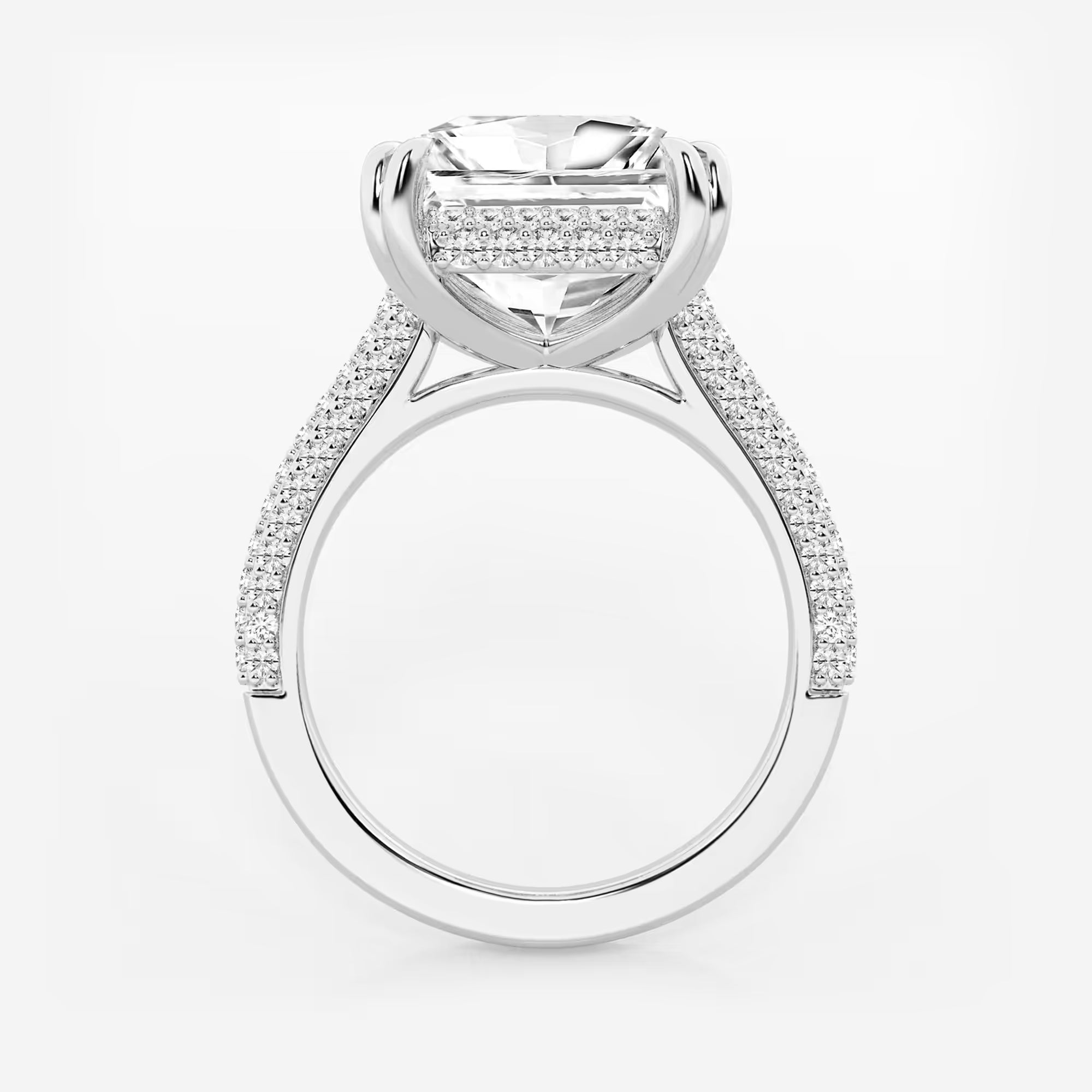 Princess Cut Lab Diamond Engagement Ring Triple Row Pavé Band & Hidden Halo