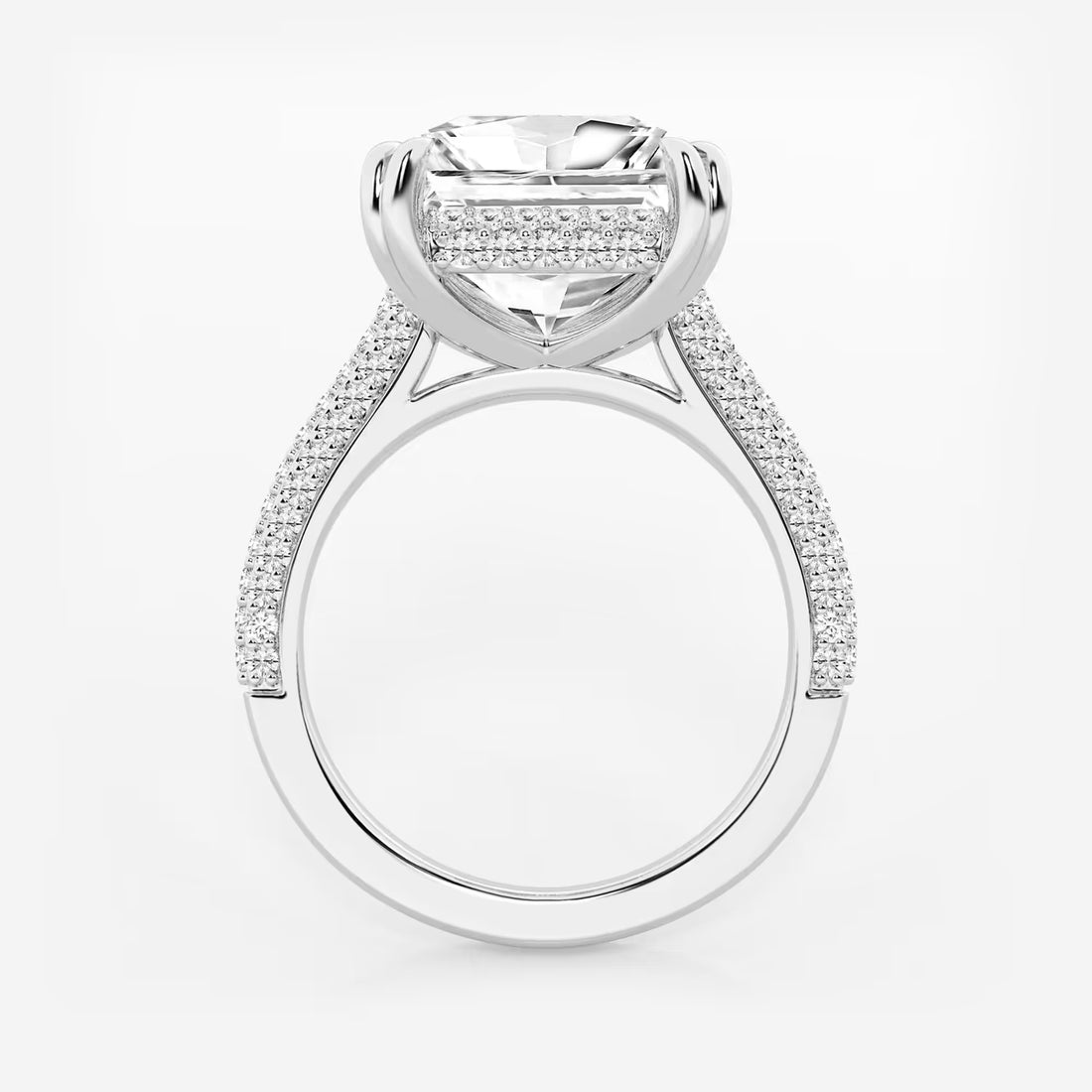 Princess Cut Lab Diamond Engagement Ring Triple Row Pavé Band & Hidden Halo