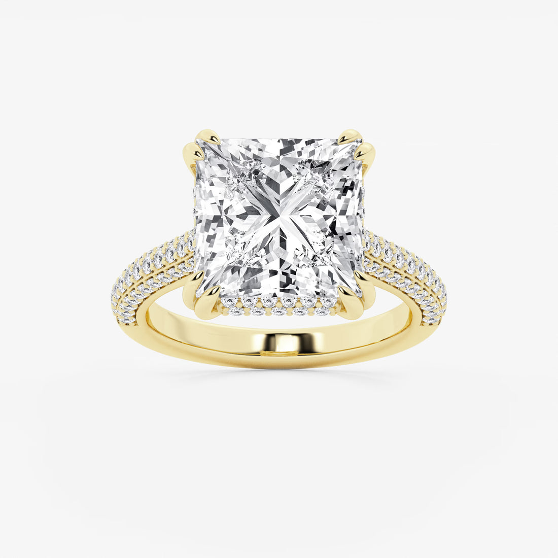Princess Cut Lab Diamond Engagement Ring Triple Row Pavé Band & Hidden Halo