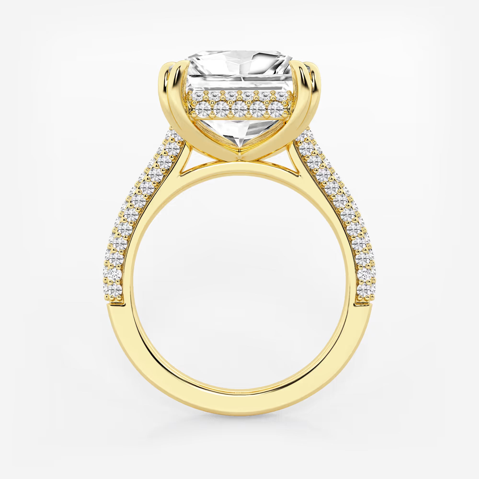 Princess Cut Lab Diamond Engagement Ring Triple Row Pavé Band & Hidden Halo