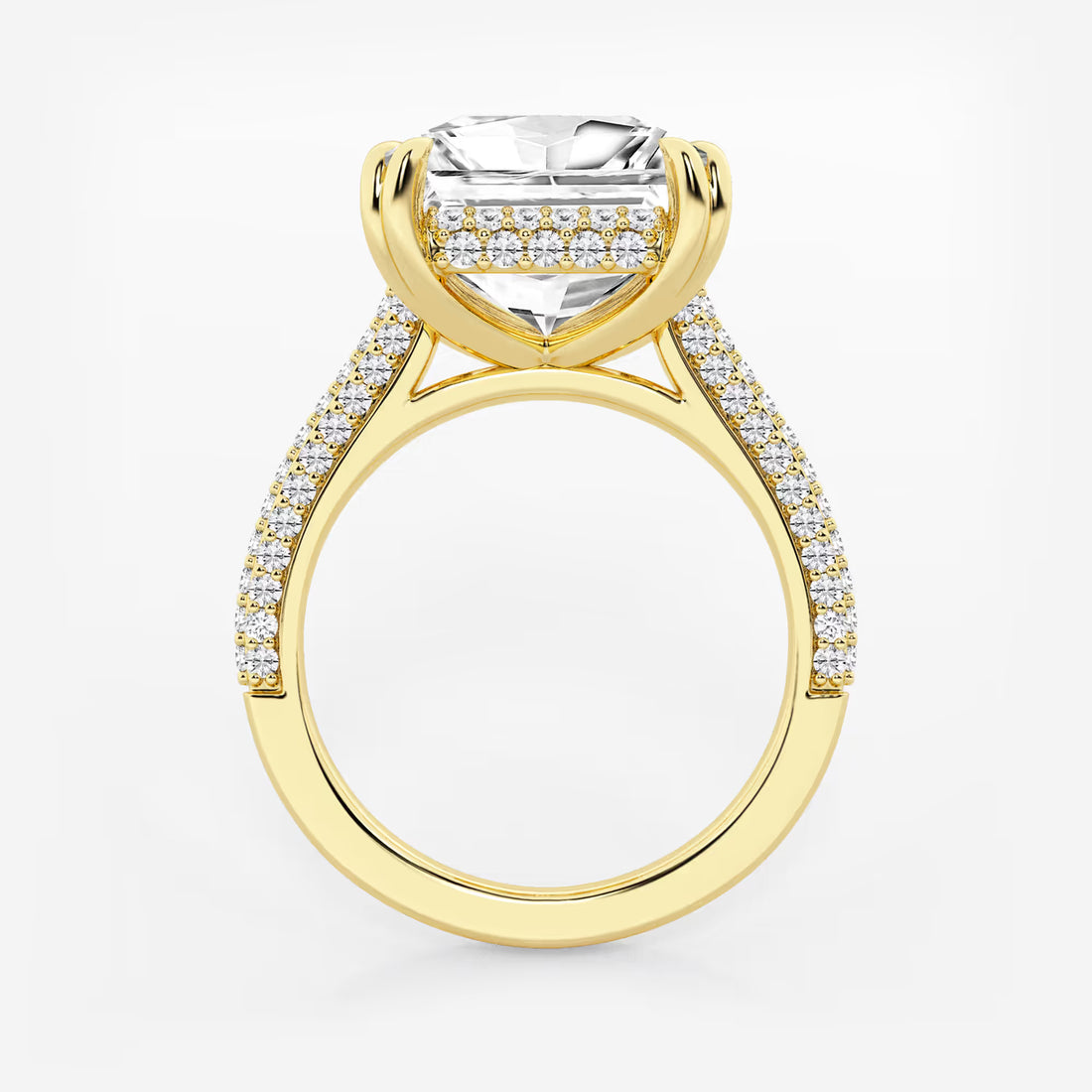 Princess Cut Lab Diamond Engagement Ring Triple Row Pavé Band & Hidden Halo