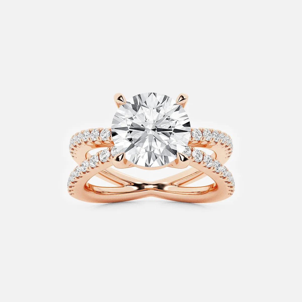 Round Cut Lab Grown Diamond Engagement Ring Crossover Double-Row Pavé Shank
