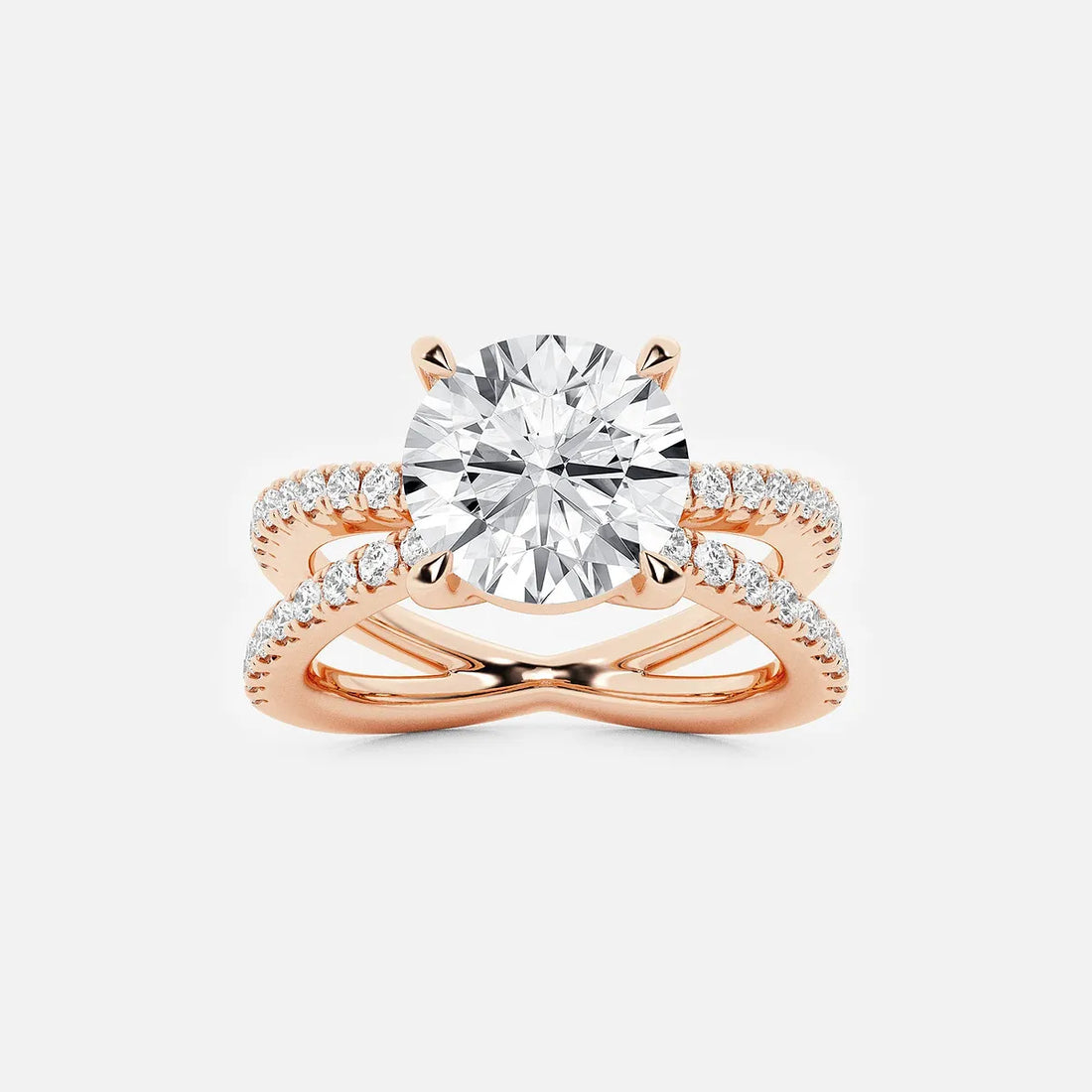 Round Cut Lab Grown Diamond Engagement Ring Crossover Double-Row Pavé Shank