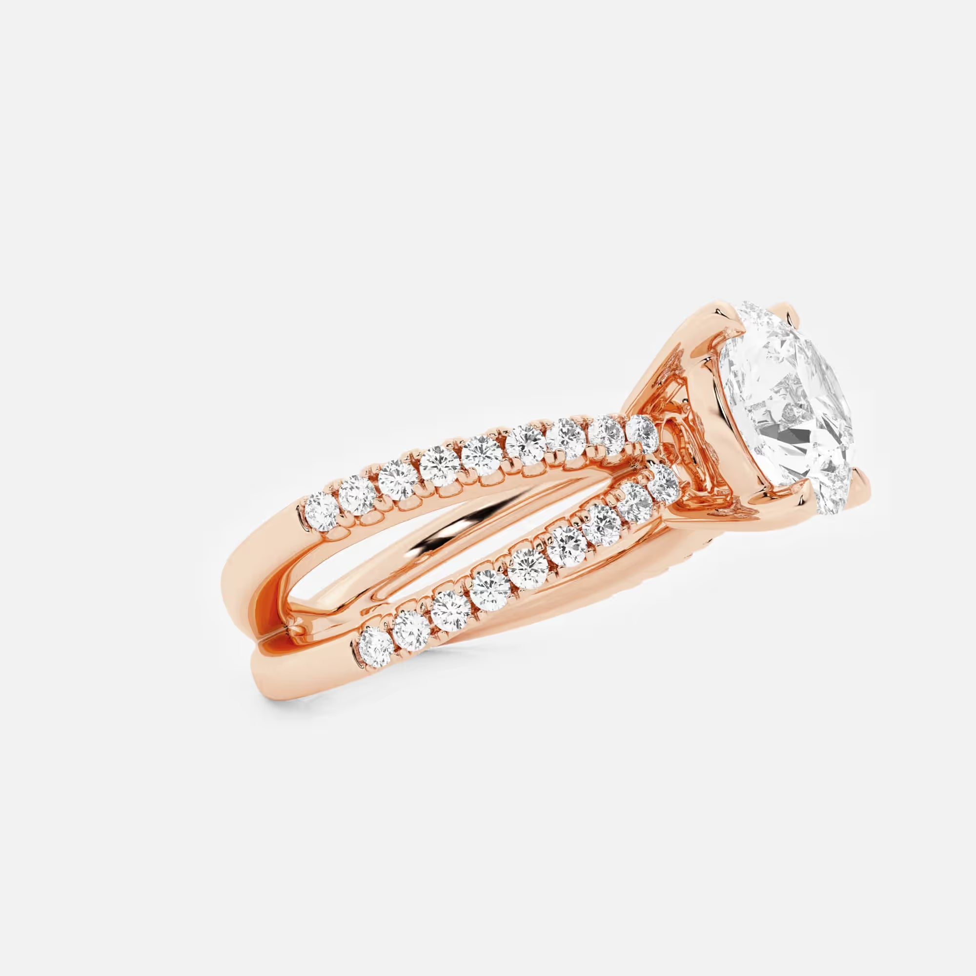 Round Cut Lab Grown Diamond Engagement Ring Crossover Double-Row Pavé Shank