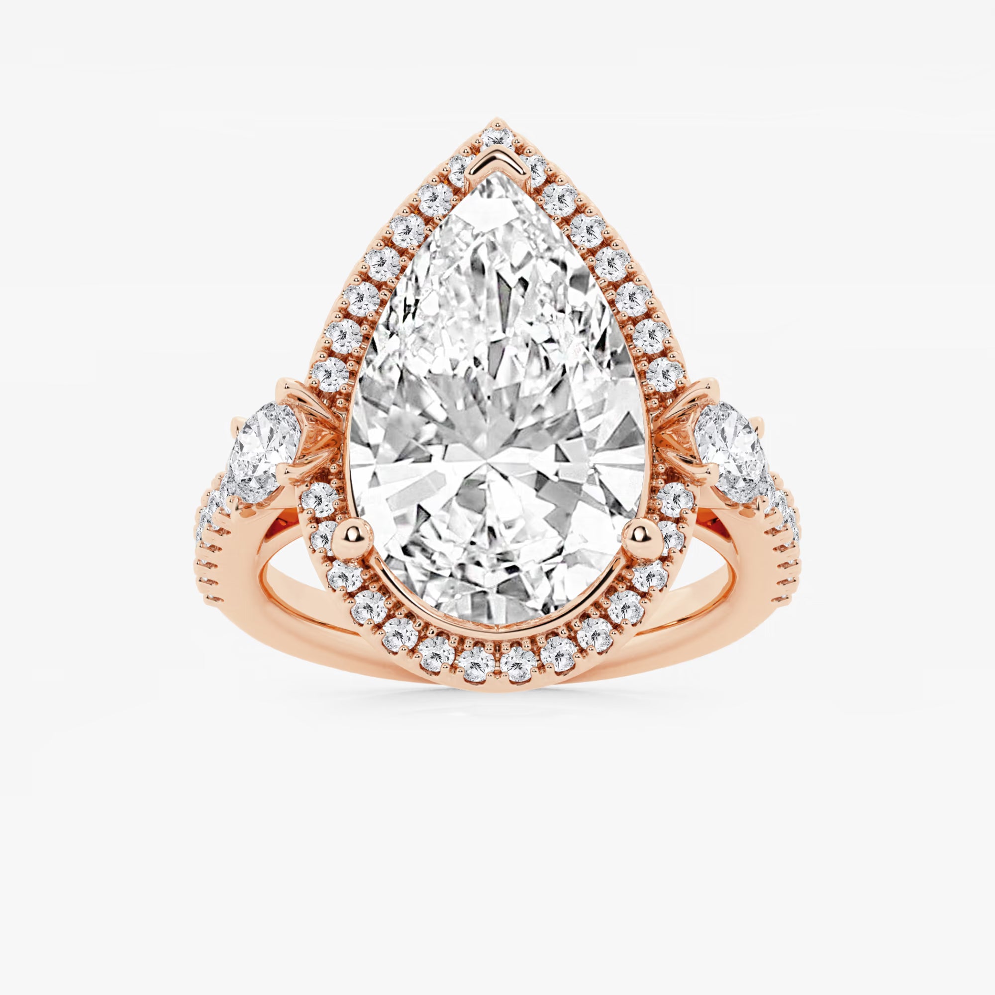 Pear Cut Lab Grown Diamond Engagement Ring, Single Halo Pear Shape Diamond Ring with Round Side Stones