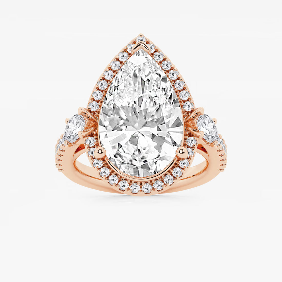 Pear Cut Lab Grown Diamond Engagement Ring, Single Halo Pear Shape Diamond Ring with Round Side Stones