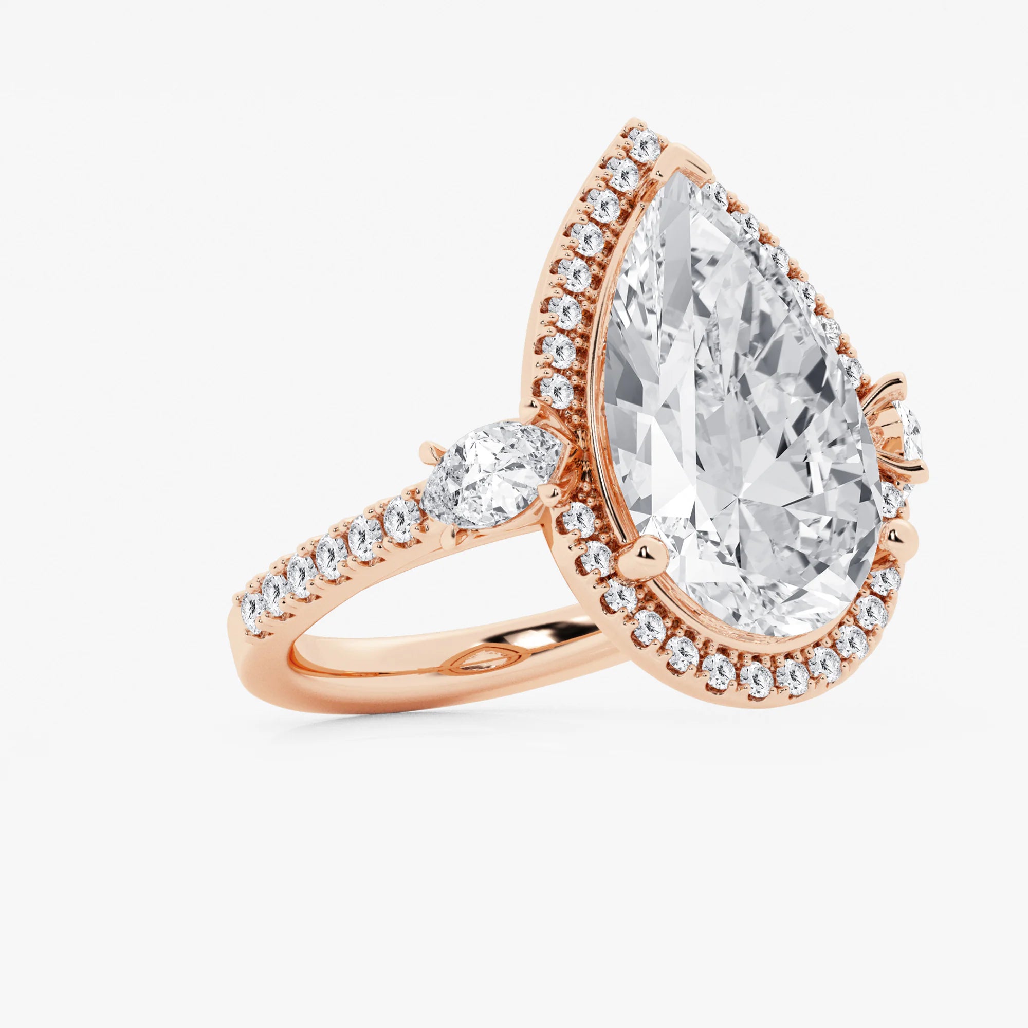 Pear Cut Lab Grown Diamond Engagement Ring, Single Halo Pear Shape Diamond Ring with Round Side Stones