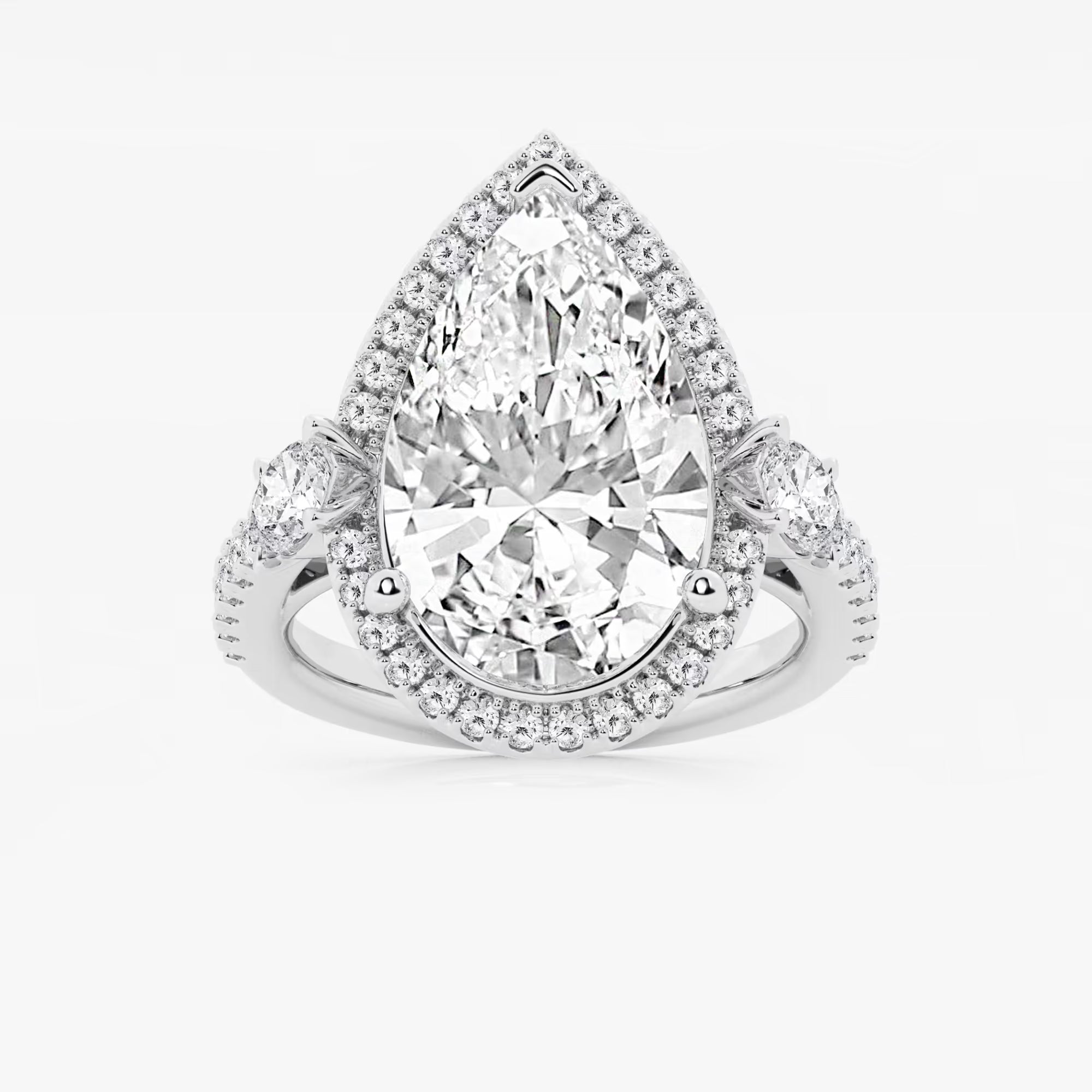 Pear Cut Lab Grown Diamond Engagement Ring, Single Halo Pear Shape Diamond Ring with Round Side Stones