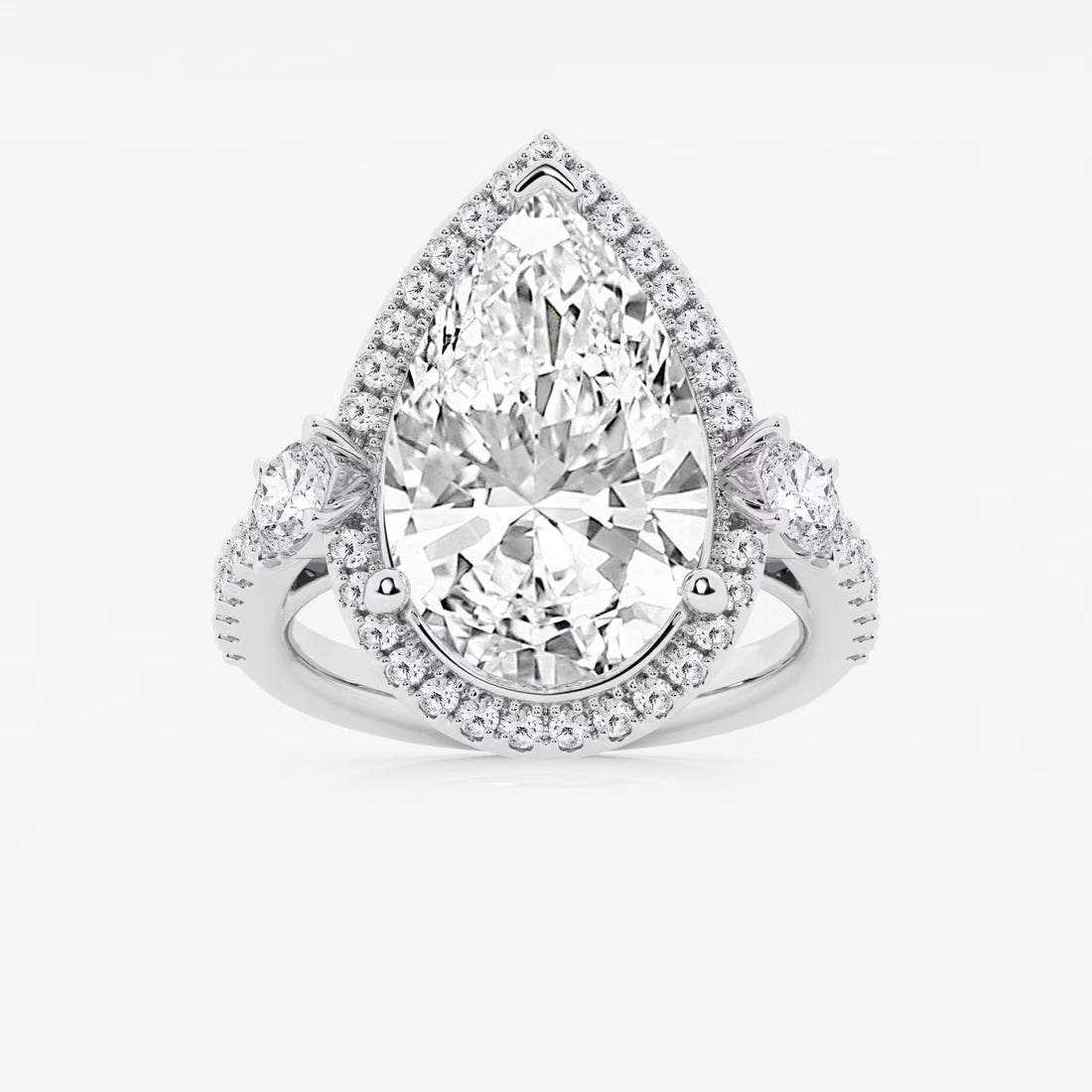 Pear Cut Lab Grown Diamond Engagement Ring, Single Halo Pear Shape Diamond Ring with Round Side Stones