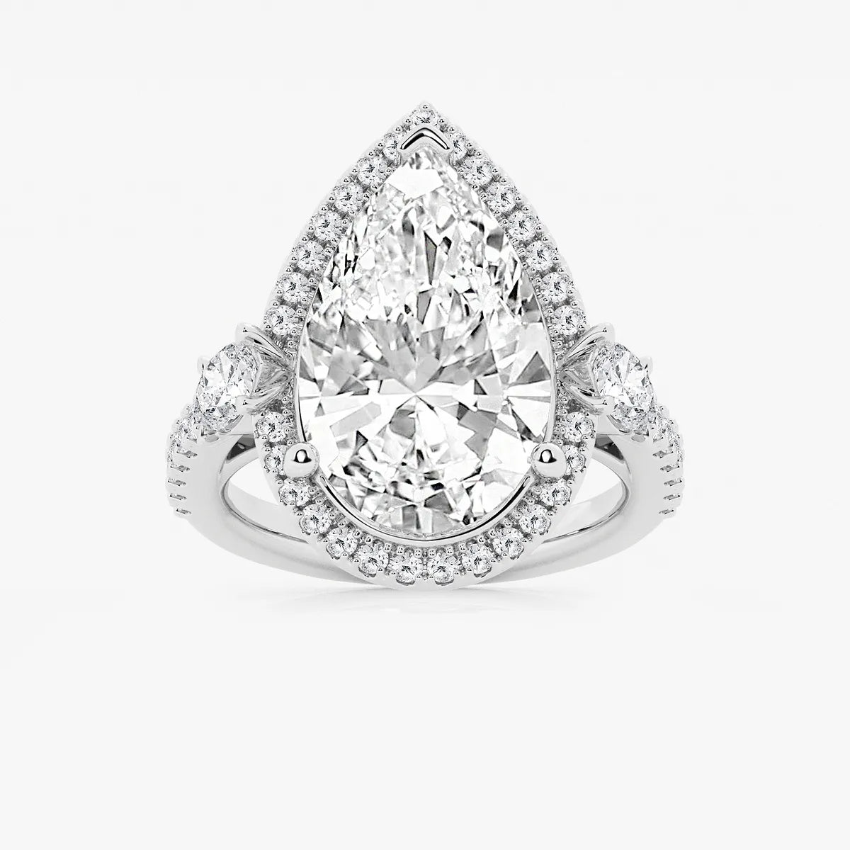 Pear Cut Lab Grown Diamond Engagement Ring, Single Halo Pear Shape Diamond Ring with Round Side Stones