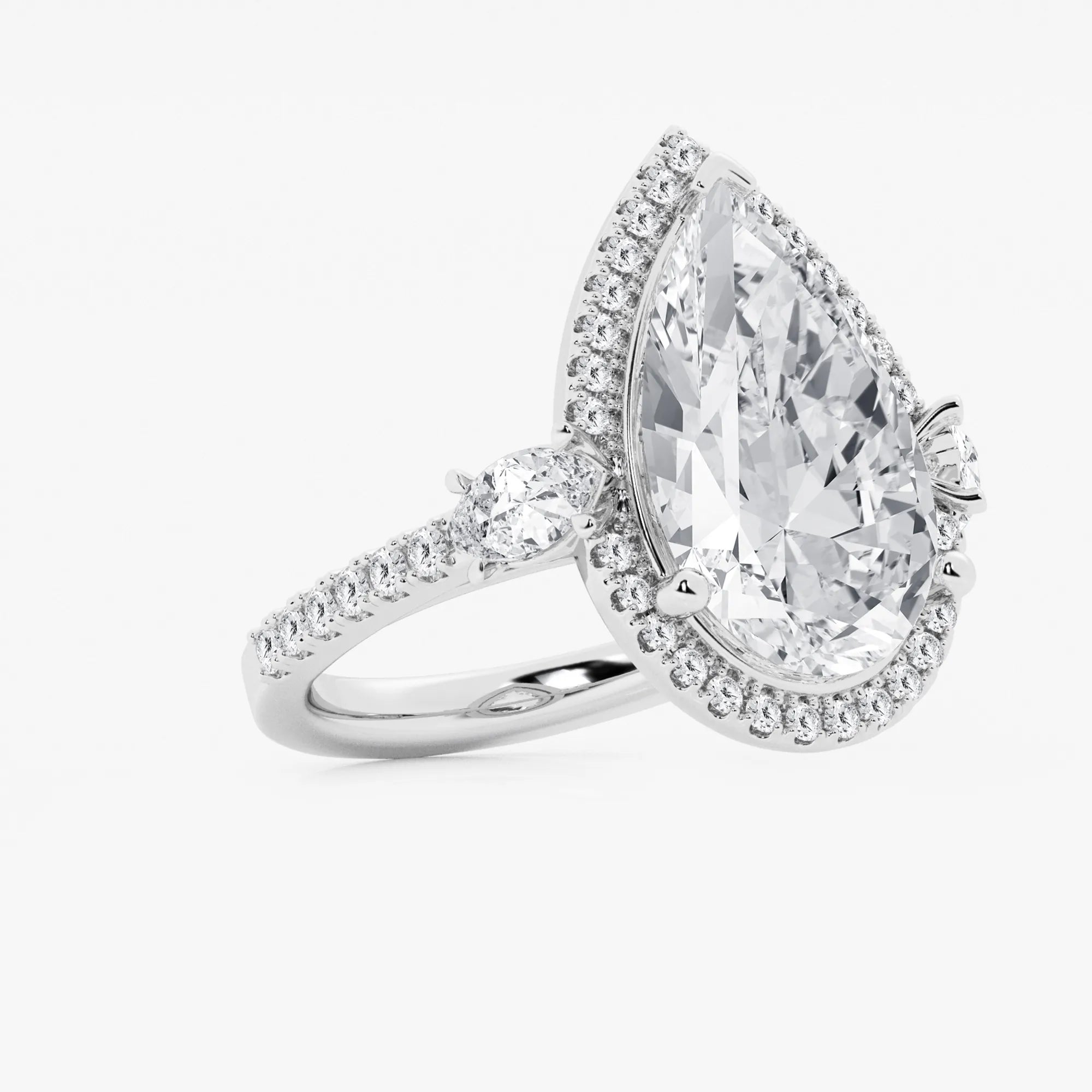 Pear Cut Lab Grown Diamond Engagement Ring, Single Halo Pear Shape Diamond Ring with Round Side Stones