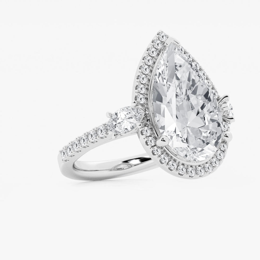 Pear Cut Lab Grown Diamond Engagement Ring, Single Halo Pear Shape Diamond Ring with Round Side Stones