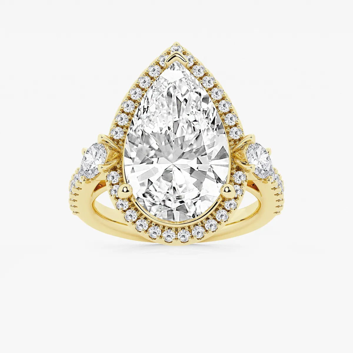 Pear Cut Lab Grown Diamond Engagement Ring, Single Halo Pear Shape Diamond Ring with Round Side Stones
