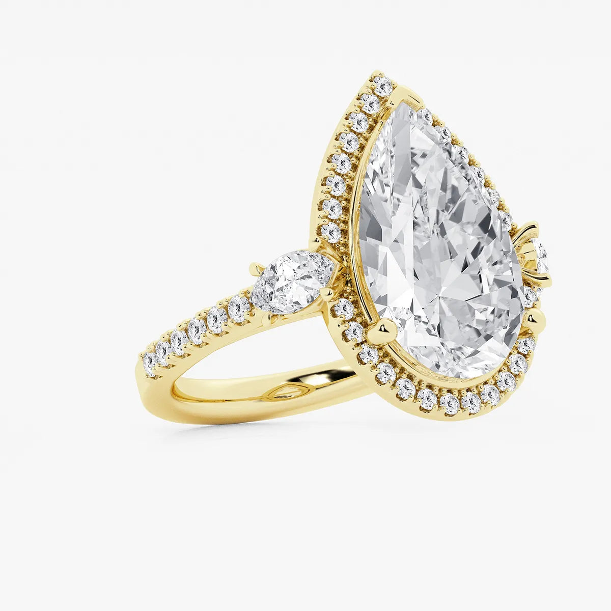 Pear Cut Lab Grown Diamond Engagement Ring, Single Halo Pear Shape Diamond Ring with Round Side Stones