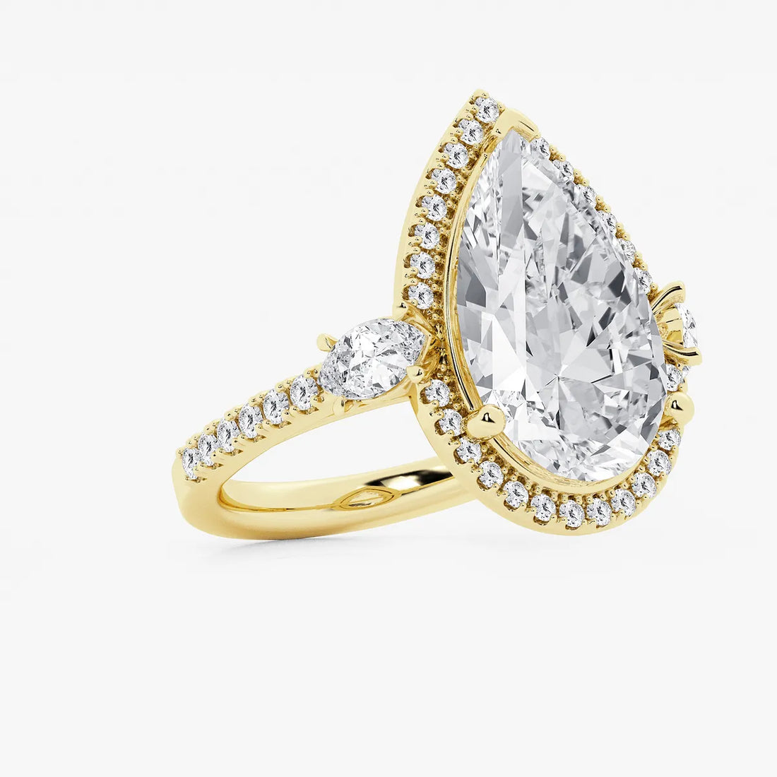 Pear Cut Lab Grown Diamond Engagement Ring, Single Halo Pear Shape Diamond Ring with Round Side Stones