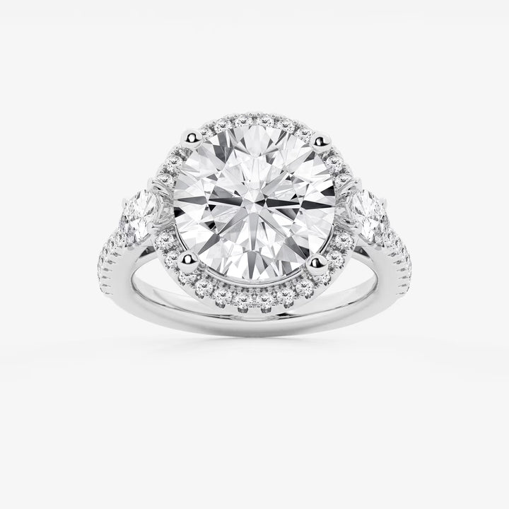 Three Stone Halo Engagement Ring in White Gold with Round Brilliant Center Stone