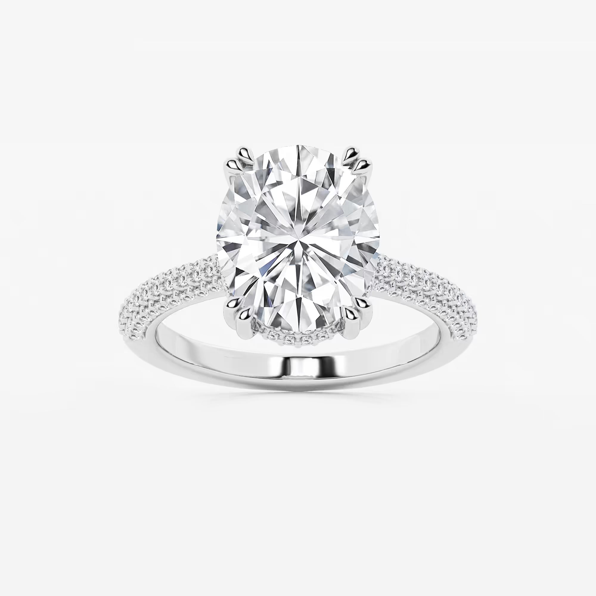 Multi-Row Pavé Engagement Ring in White Gold with Oval Center Stone
