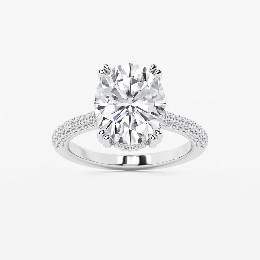 Multi-Row Pavé Engagement Ring in White Gold with Oval Center Stone