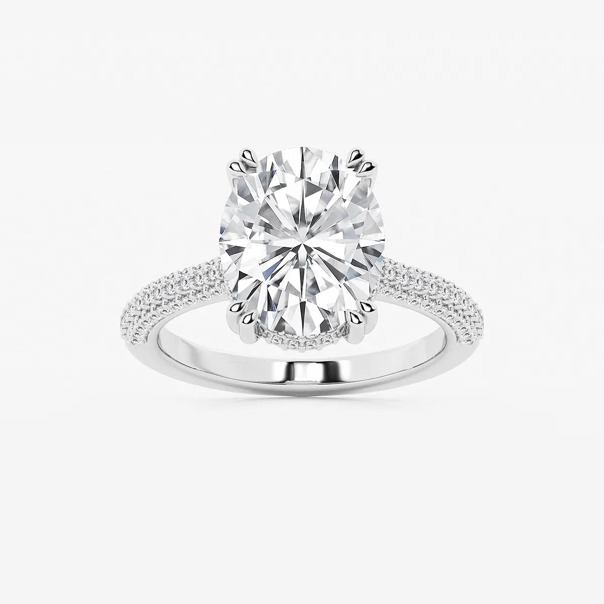 Multi-Row Pavé Engagement Ring in White Gold with Oval Center Stone