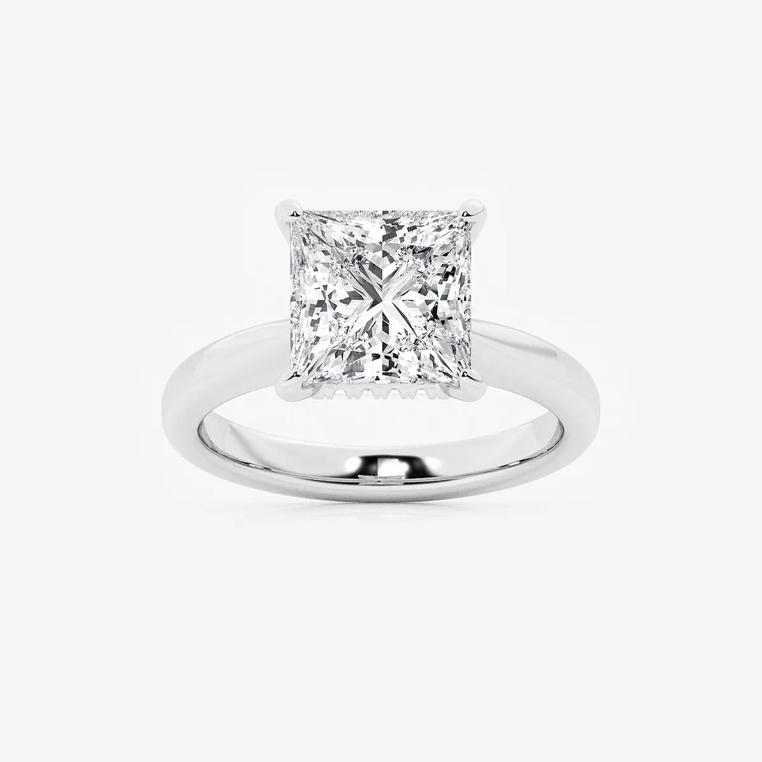 Princess Cut Lab Diamond Three Stone Ring | Trapezoid Side Stones & Plain Band